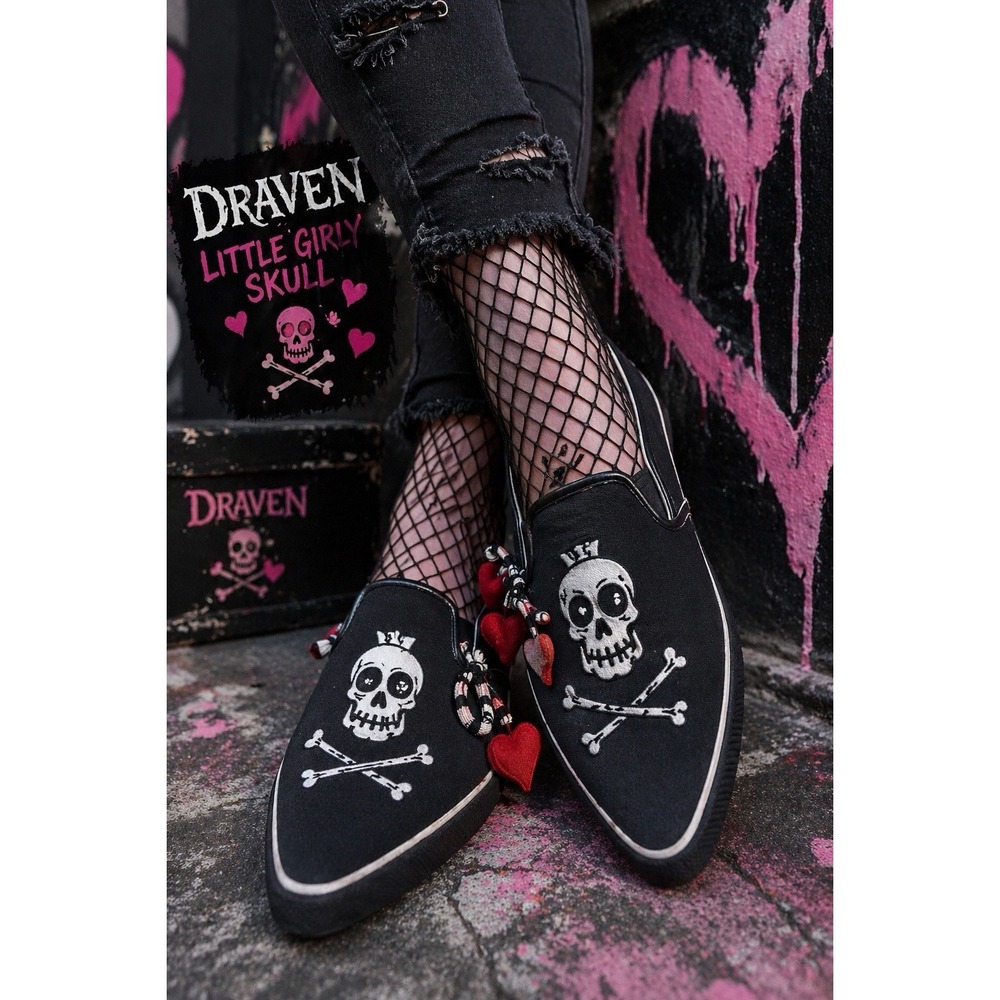 Draven Little Girly Skull Flats Womens 7.5 Black Emo Punk Slip On Rare